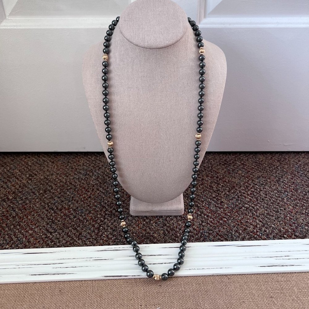 Hematite Heavy Bead Long Lanyard Necklace Gunmetal Grey Gold Tone